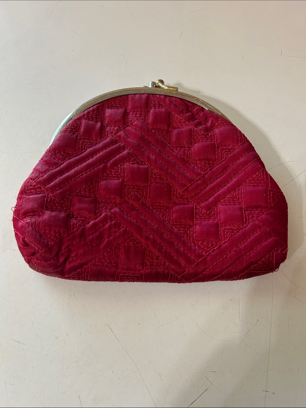 Vintage Quilted Red Satin KISS Lock Clasp Makeup Bag w/Mirror